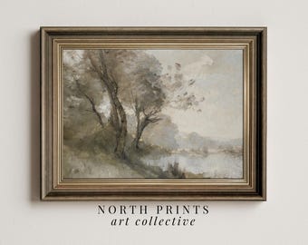 Muted Green Landscape Art Print | Riverside Painting | Soft Tones PRINTABLE Digital | 5-28