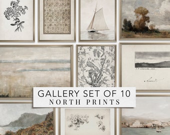 May include: A set of 10 framed prints featuring various nature and landscape scenes. The prints are in a muted colour palette with a vintage aesthetic. The prints are all in gold frames.