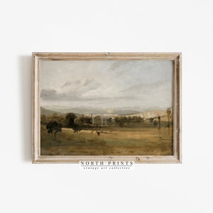 K&ouml;nnte beinhalten: Ein gerahmtes Gem&auml;lde, das eine Landschaftsszene mit einem Haus in der Ferne zeigt. Der Himmel ist hellblau mit wei&szlig;en Wolken. Der Vordergrund ist ein Feld mit gr&uuml;nem Gras, B&auml;umen und einigen Figuren.