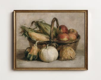 Autumn Harvest Still Life, Fall Apple Corn and Gourd Painting, Rustic Farmhouse Kitchen Wall Art, PRINTABLE Digital Art Download A2-18