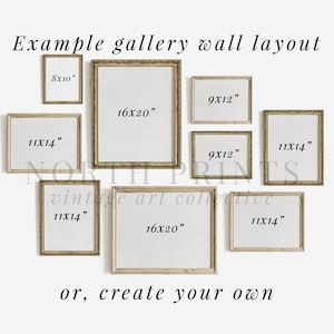 May include: Example gallery wall layout with various sized frames in gold with white mats. The frames are arranged in a staggered pattern. The sizes of the frames are 8x10 inches, 9x12 inches, 11x14 inches, and 16x20 inches. The text "or, create your own" is at the bottom of the image.