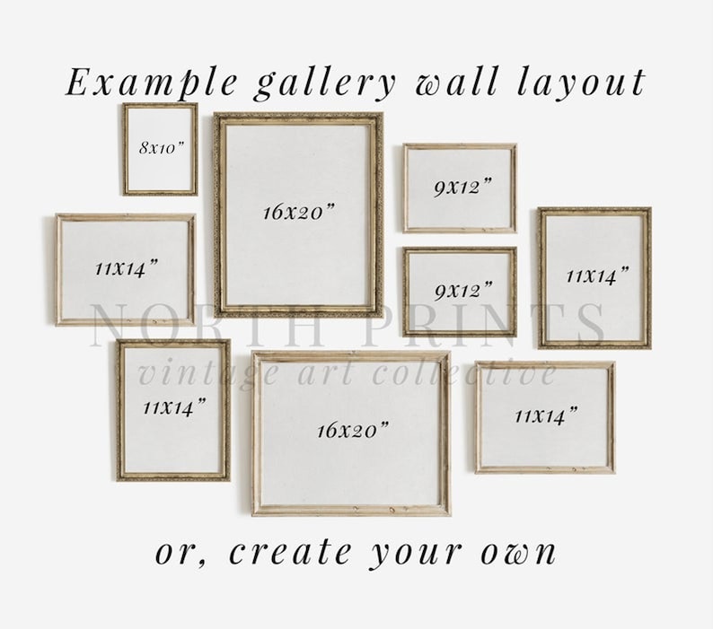 May include: Example gallery wall layout with various sized frames in gold with white mats. The frames are arranged in a staggered pattern. The sizes of the frames are 8x10 inches, 9x12 inches, 11x14 inches, and 16x20 inches. The text "or, create your own" is at the bottom of the image.