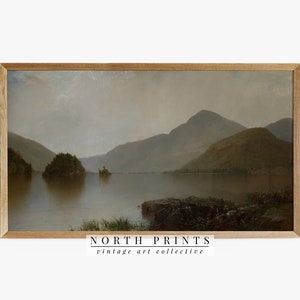 Arte de TV con marco rústico y melancólico, pintura vintage de paisaje de lago, descarga digital, North Prints #TV57