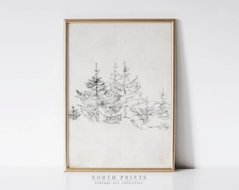Może przedstawiać: Czarno-biały rysunek liniowy grupy sosen na jasnobeżowym tle. Druk jest oprawiony w złotą ramę i zawiera napis "NORTH PRINTS vintage art collective" na dole.