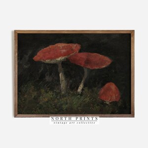 May include: A vintage painting of red mushrooms in a dark forest setting. The mushrooms have white stems and are surrounded by green foliage. The painting is framed in a brown wood frame.