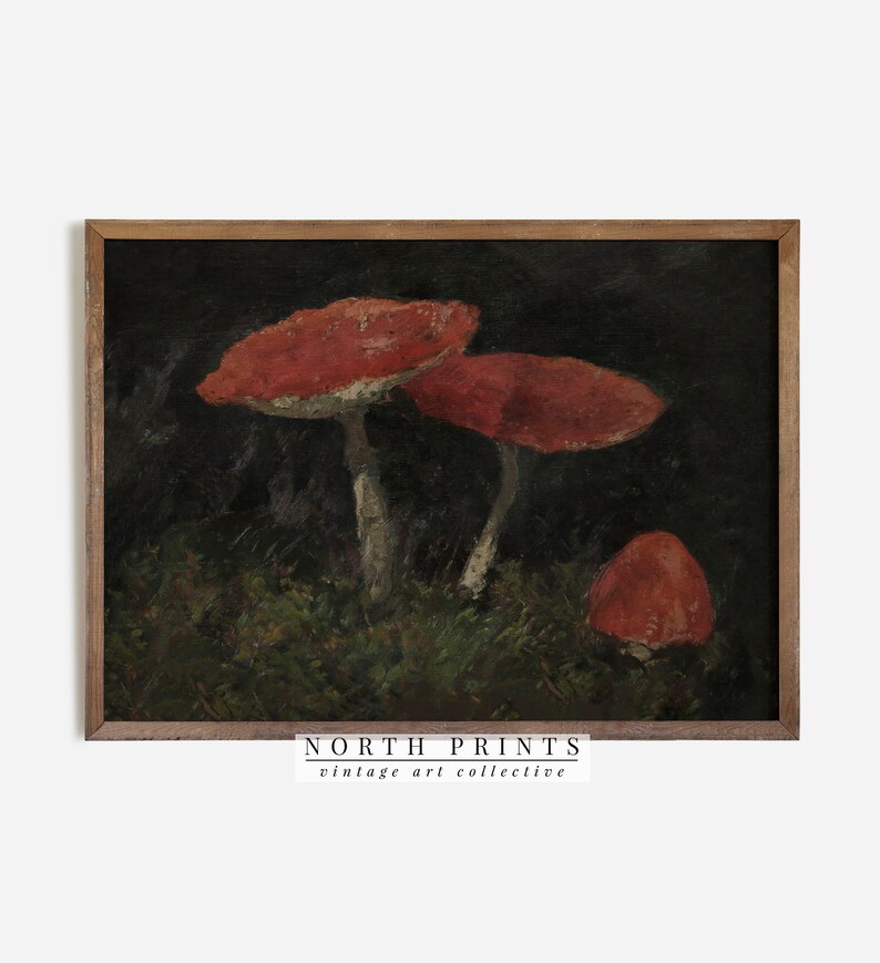 May include: A vintage painting of red mushrooms in a dark forest setting. The mushrooms have white stems and are surrounded by green foliage. The painting is framed in a brown wood frame.