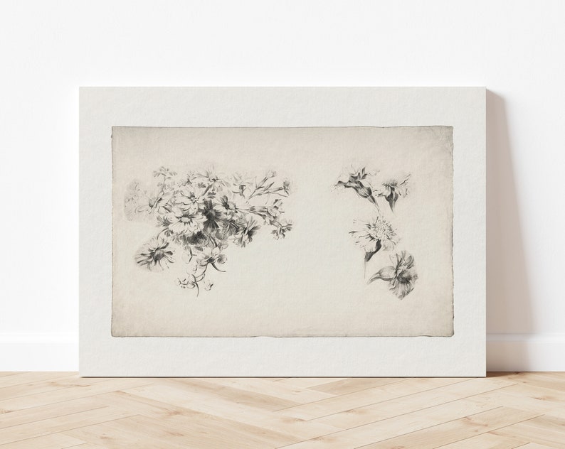 May include: A black and white drawing of two different types of flowers. The flowers are drawn in a realistic style and are set against a light beige background.