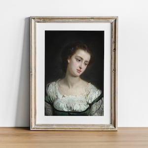 May include: A framed portrait painting of a woman with a light green dress and white lace collar. She has brown hair and is looking down with a thoughtful expression.