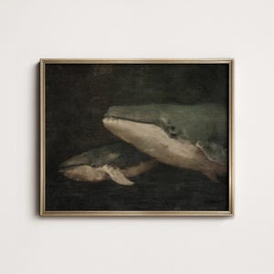 May include: A framed painting depicting two whales swimming in dark, murky water. The whales are painted in shades of green, brown, and white.