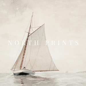 May include: A watercolor painting of a sailboat with white sails and a brown mast, sailing on a calm sea with a light gray sky. The text "NORTH PRINTS" is written in white across the top of the image.