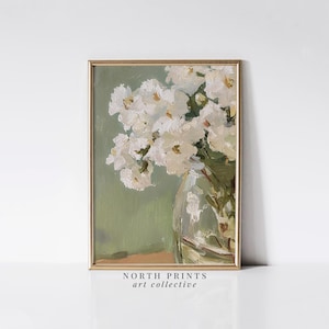 Natura morta con fiori bianchi: arte botanica verde tenue (download digitale stampabile) 8-37