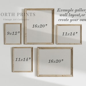 May include: A wall gallery display with four framed prints in various sizes. The prints are labeled with their dimensions in inches: 9x12, 11x14, 16x20. The text "NORTH PRINTS Vintage Art Collective" is at the top of the image. The text "Example gallery wall layout, or create your own" is at the top right of the image.