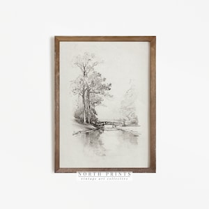 Landscape Sketch | Vintage Etching | Bridge Trees Drawing PRINTABLE #368