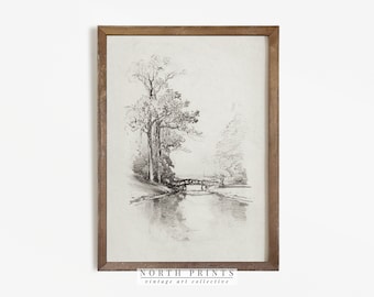Esboço de Paisagem | Gravura Vintage | Desenho de Árvores de Ponte PARA IMPRIMIR #368