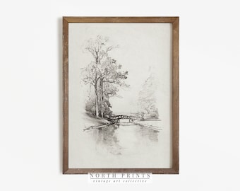 Landscape Sketch | Vintage Etching | Bridge Trees Drawing PRINTABLE #368