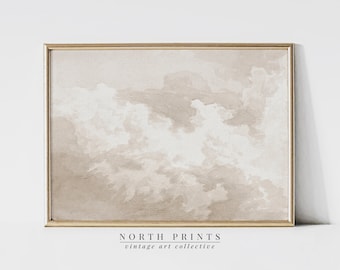 May include: A framed print of a watercolour painting depicting a cloudy sky in shades of beige and white. The frame is a light wood colour. The print is titled "NORTH PRINTS vintage art collective".