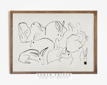 Neutral Farmhouse Nursery Print | Rabbit Sketch Antique Art | Easter Decor PRINTABLE Download | 1010