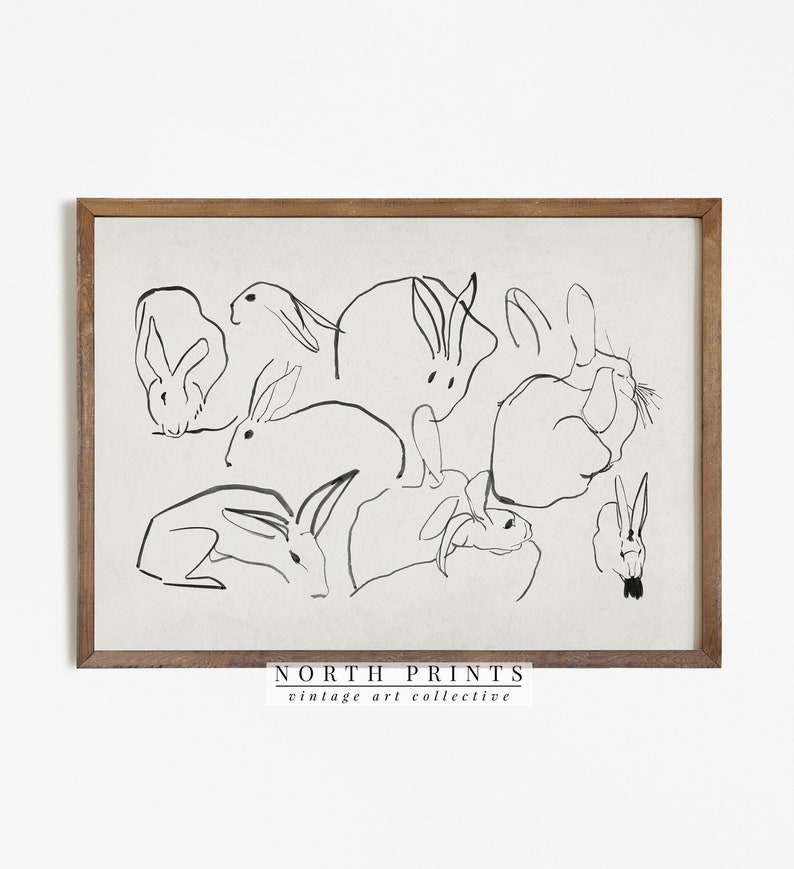 Neutral Farmhouse Nursery Print | Rabbit Sketch Antique Art | Easter Decor PRINTABLE Download | 1010 image 1