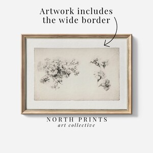 May include: A black and white botanical illustration of flowers in a simple wooden frame. The artwork includes a wide border.