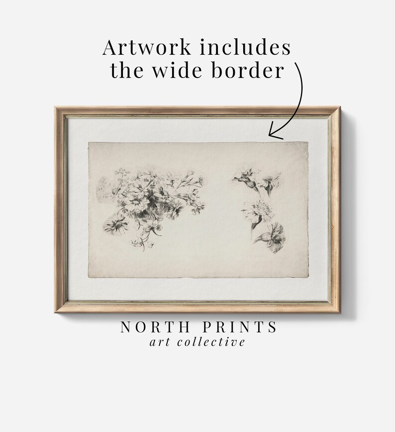 May include: A black and white botanical illustration of flowers in a simple wooden frame. The artwork includes a wide border.