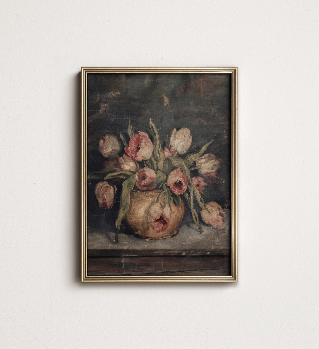Rustic Tulip Still Life Painting: Dark Floral Botanical Art (digital ...