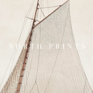 May include: A close-up of a sailboat's sail, with the mast and rigging visible. The sail is white with a light brown hue, and the rigging is brown. The image is titled "NORTH PRINTS".