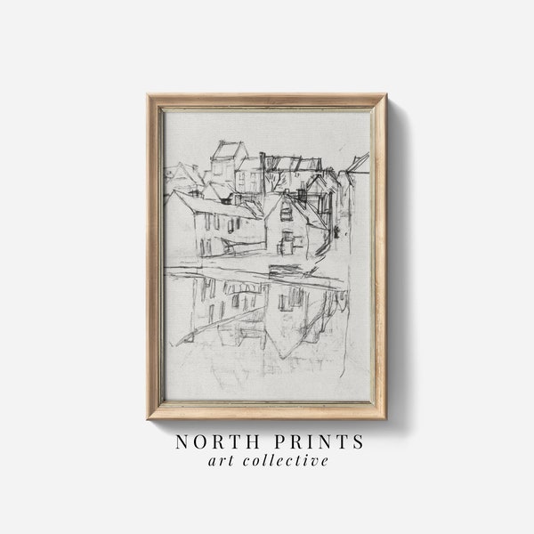 French Architecture Print Antique Sketch, Neutral Vintage Cityscape Drawing, PRINTABLE Art Download Digital North Prints SK-295