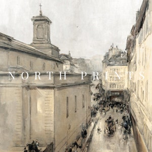 May include: A vintage painting depicting a narrow street in a European city. The street is lined with tall buildings, including a church with a tall spire. The buildings are painted in shades of grey and brown, and the street is filled with people and horse-drawn carriages. The painting has a muted colour palette and a sense of realism.