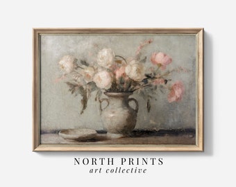 Vintage Muted Still Life Painting | Pink and White Flowers Botanical Farmhouse Print | Fine Art North Prints | 6-69