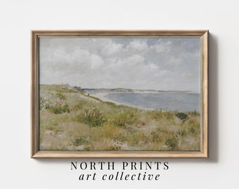 Kustlandschapsschildering aan zee: muurkunst strandhuis (digitale download afdrukbaar) 6-175