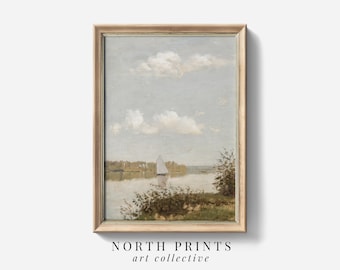 Vintage Lake House Sailboat Painting: Printable Nautical Wall Art (Digital Download) 6-137