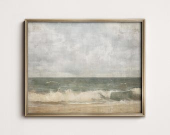 Vintage kustzeegezichtschildering: neutraal strandhuisdecor (afdrukbare digitale download) 9-52