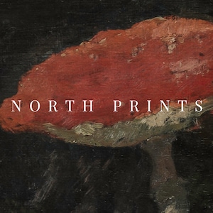 May include: A painting of a red mushroom with a green cap and a brown stem. The text "NORTH PRINTS" is written in white letters across the top of the mushroom.