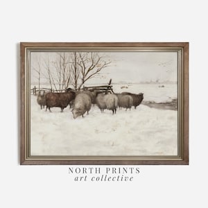 May include: A framed painting depicting a snowy landscape with a flock of sheep standing in a field. The sheep are brown and white, and the snow is a light grey. The painting is in a rustic wooden frame.