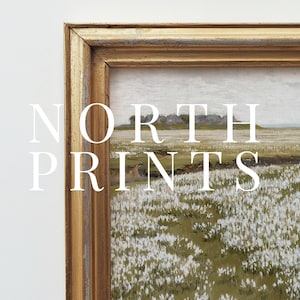 May include: A framed painting of a landscape with a field of white flowers in the foreground. The painting is in a gold frame and the text "NORTH PRINTS" is superimposed on the image.