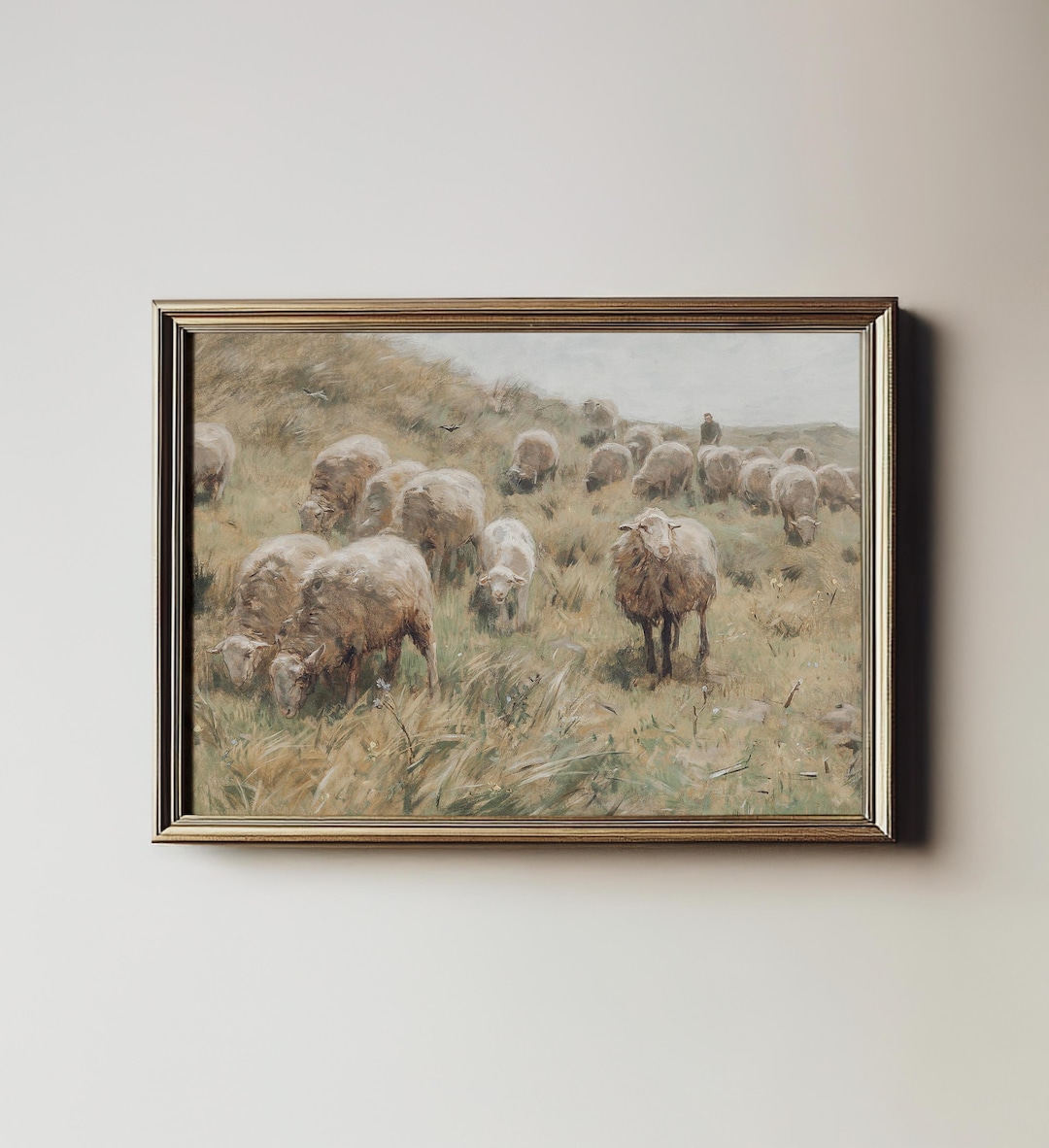 アンティーク羊の絵画：ヴィンテージ農家の風景画（デジタル印刷可能