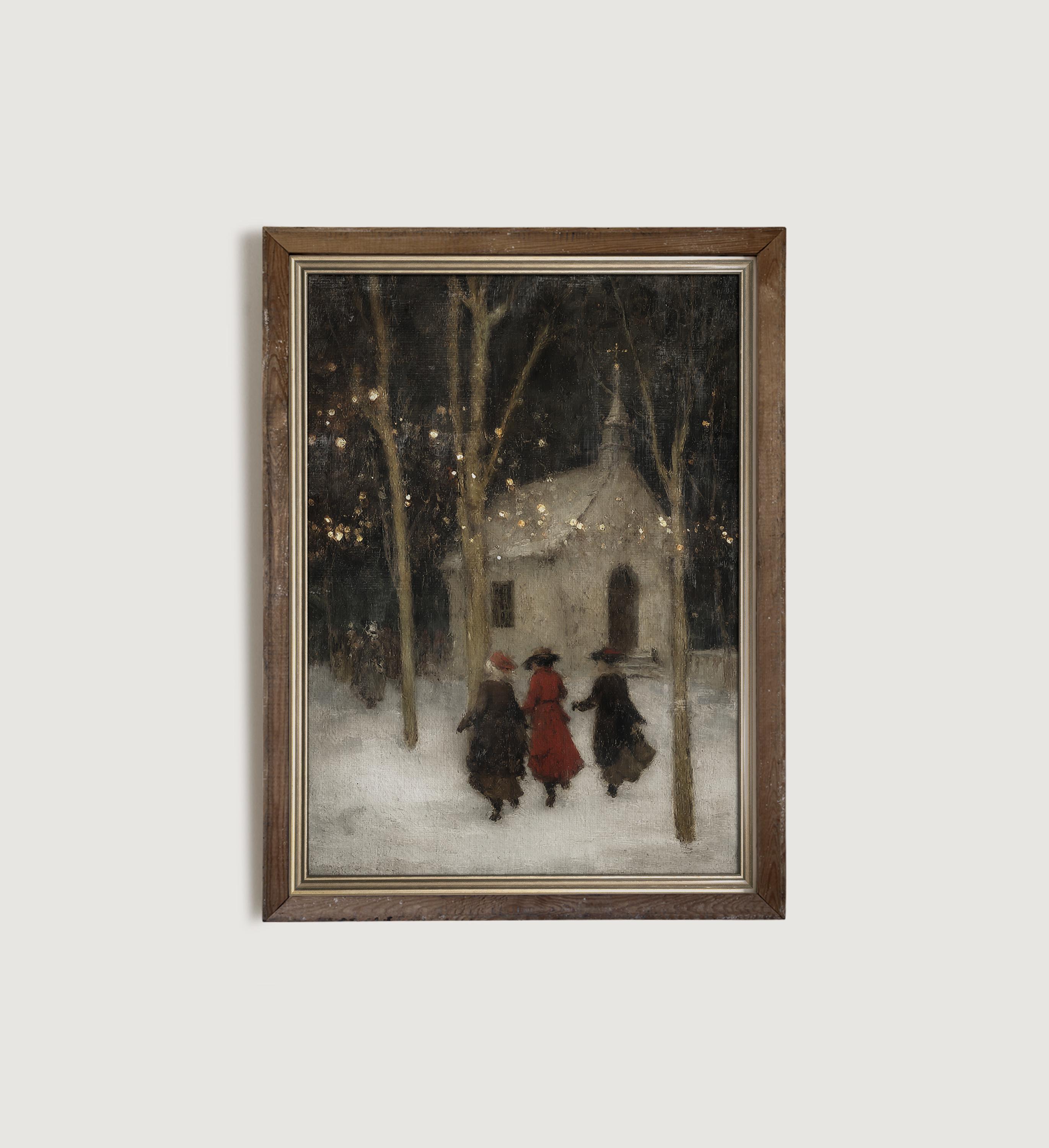 油絵 絵画【クリスマスの教会】 ヴィンテージクリスマスイブ絵画、雪の教会の冬の風景画、デジタル印刷