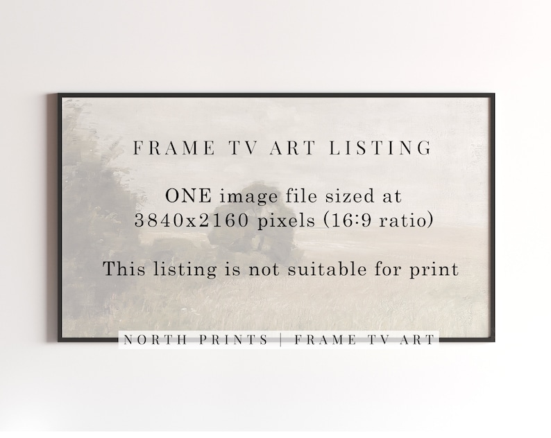 May include: A framed digital art listing with the text "FRAME TV ART LISTING." The image file is sized at 3840x2160 pixels (16:9 ratio). The listing is not suitable for print. The bottom of the frame reads "NORTH PRINTS | FRAME TV ART."