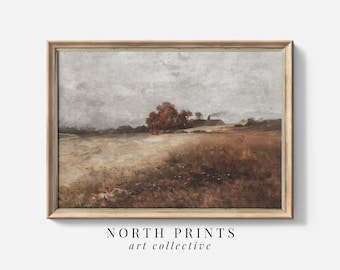 May include: A framed painting depicting a landscape with a field of brown grass, a group of trees in the distance, and a cloudy sky. The painting is in a rustic wooden frame.