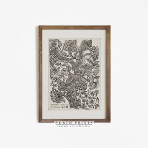 K&ouml;nnte beinhalten: Schwarz-wei&szlig; Vintage botanischer Druck eines floralen Designs mit filigranen Details. Der Druck ist in einem braunen Holzrahmen gerahmt und hat den Text "amsterdam, aend, no A. Singeet" unten.