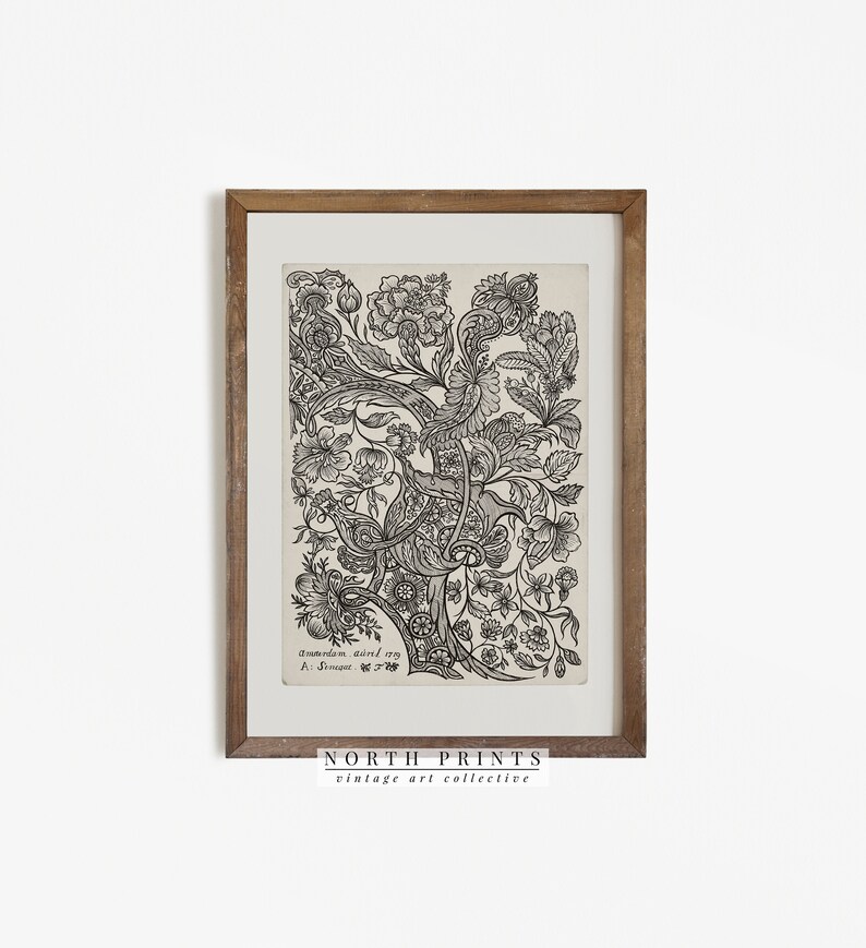 K&ouml;nnte beinhalten: Schwarz-wei&szlig; Vintage botanischer Druck eines floralen Designs mit filigranen Details. Der Druck ist in einem braunen Holzrahmen gerahmt und hat den Text "amsterdam, aend, no A. Singeet" unten.
