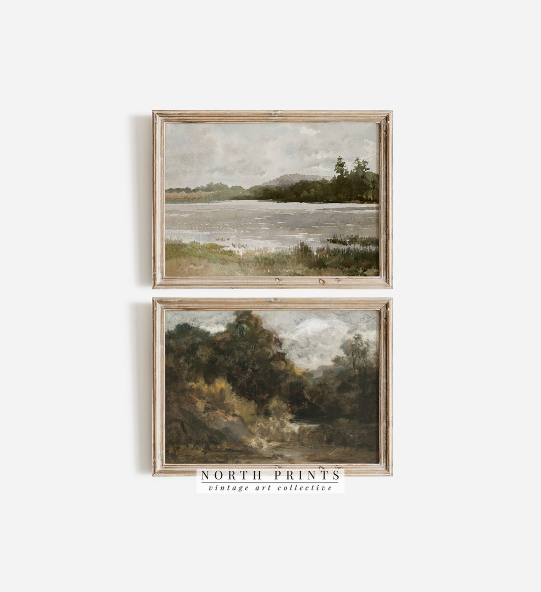 Moody Vintage SET of Two Rustic Landscape Paintings | Lake Wooded ...