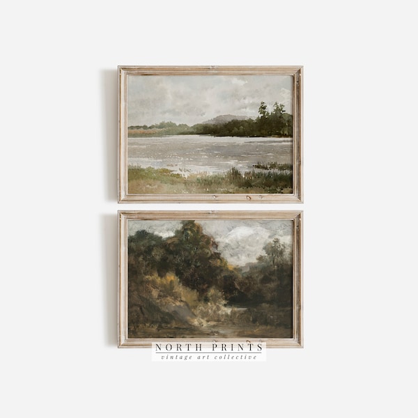 Moody Vintage SET of Two Rustic Landscape Paintings | Lake Wooded Scenery | PRINTABLE Downloadable | S2-89