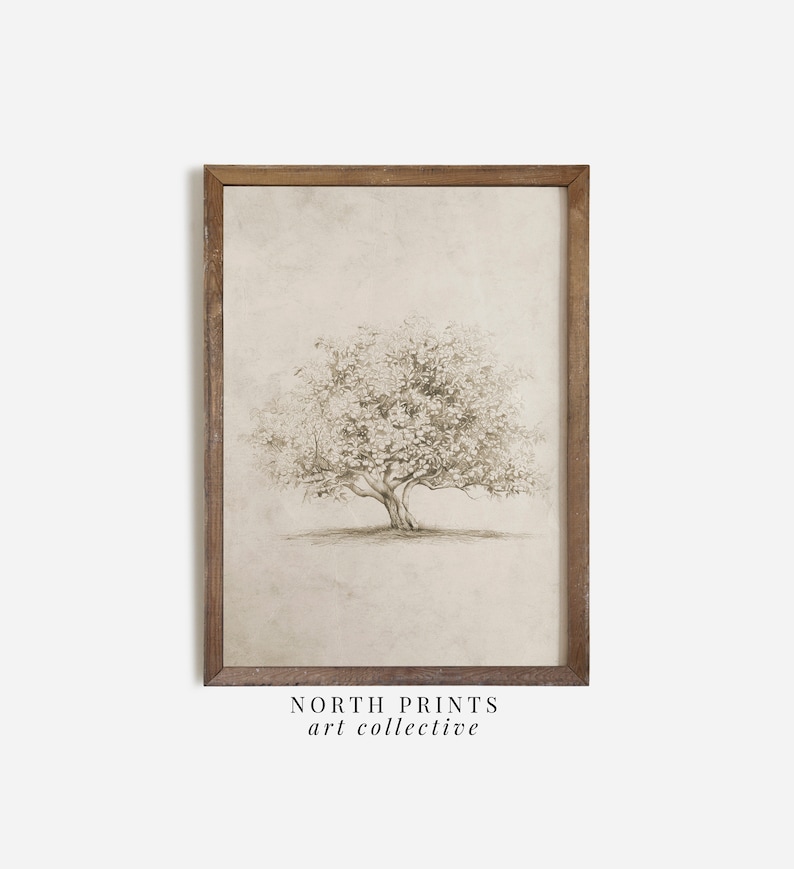 Op de afbeelding: Een ingelijste print van een zwart-witte tekening van een boom met een textuur achtergrond. De print is in een houten lijst en heeft de tekst "NORTH PRINTS art collective" onderaan.