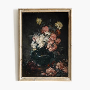 May include: A framed oil painting of a still life featuring a dark green vase filled with pink, white, and yellow roses. The vase is sitting on a dark background.