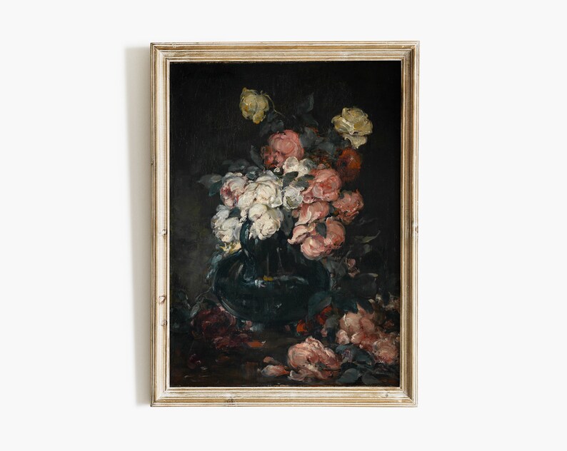 May include: A framed oil painting of a still life featuring a dark green vase filled with pink, white, and yellow roses. The vase is sitting on a dark background.