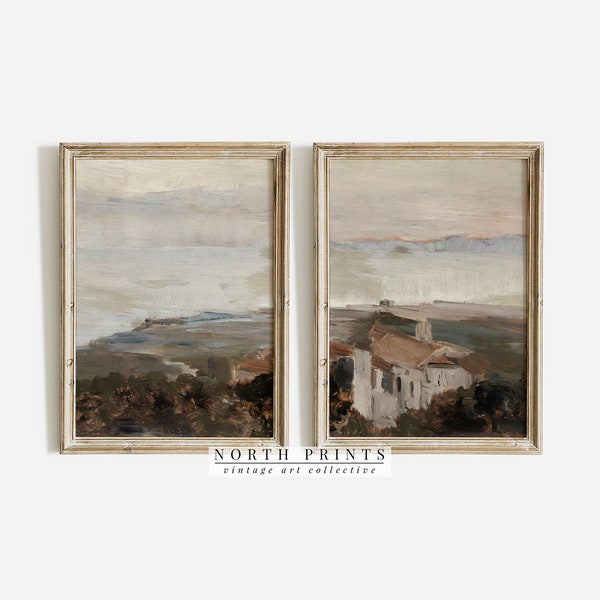 Mediterranean Coastal Landscape Painting SET of Two | Warm Moody Split Panel | North Prints | PRINTABLE Digital | S2-84