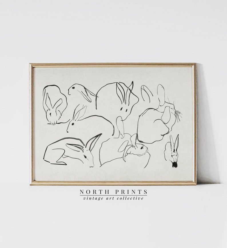 Neutral Farmhouse Nursery Print | Rabbit Sketch Antique Art | Easter Decor PRINTABLE Download | 1010 image 3