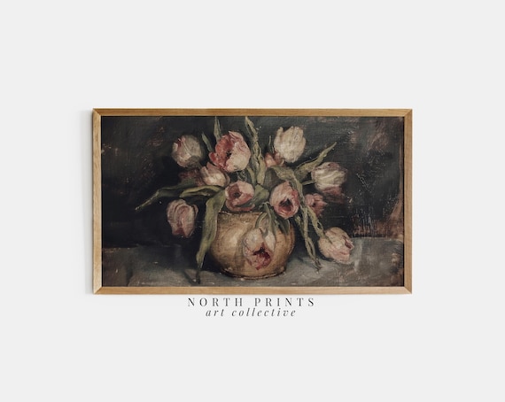 Dark Floral Tulip Painting: Rustic Moody Frame TV Art (Digital Download) TV2-48