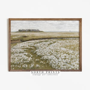 May include: A vintage painting of a field of white flowers with a distant view of a coastline and a small sailboat. The painting is framed in a brown wood frame and has the text "NORTH PRINTS vintage art collective" at the bottom.